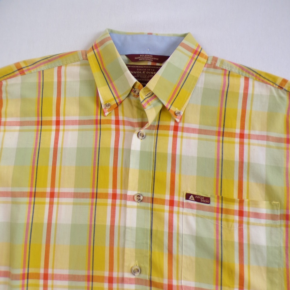 Jungle Diseño Mens Small Yellow Plaid Short Sleeve Button Down Cotton Shirt